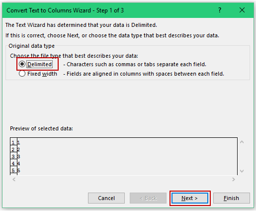 Convert Text to Numbers in Excel - text to column step1